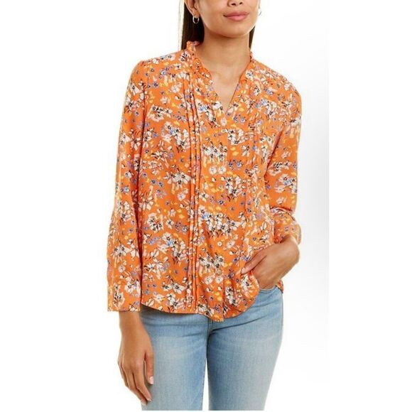 Nanette Lepore Pintuck Button Down orange print Blouse in size large - Picture 2 of 6
